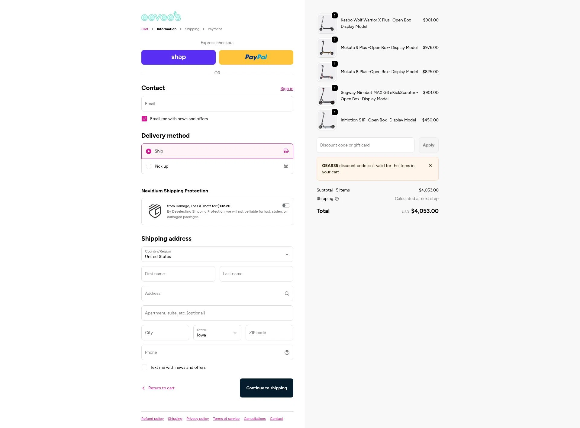 eevees checkout page showing eevees discount code box | Screenshot taken by SimplyCodes community member on Jan 30, 2026