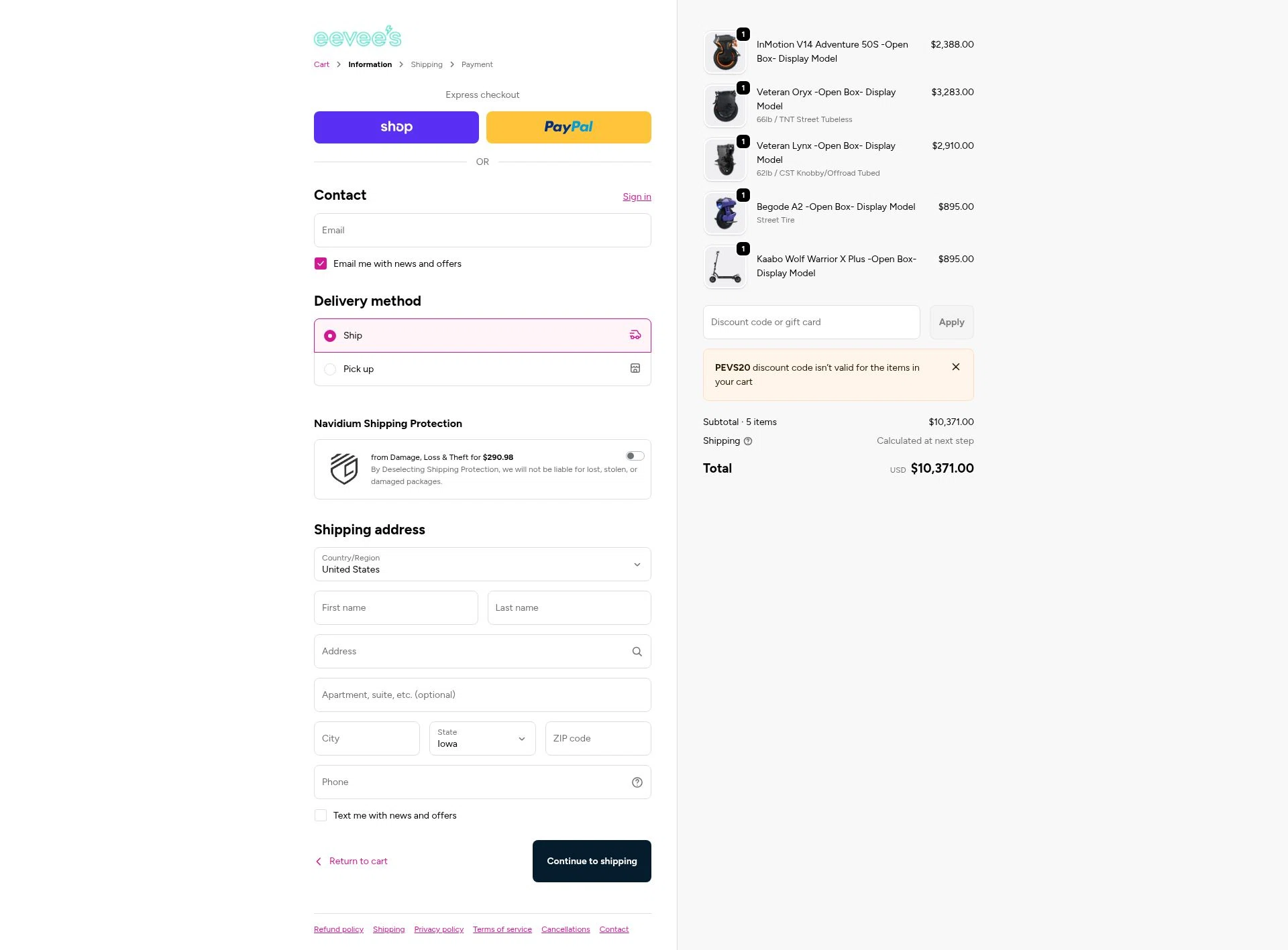 eevees checkout page showing eevees discount code box | Screenshot taken by SimplyCodes community member on Feb 8, 2026