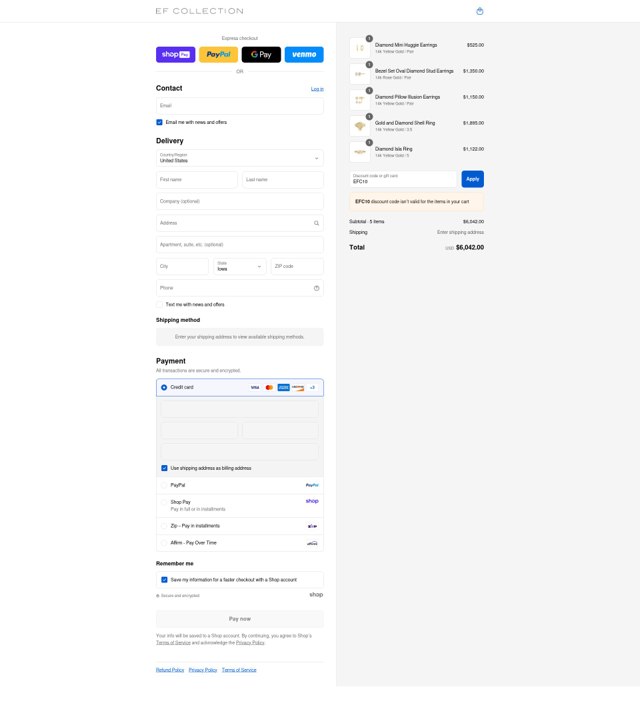 EF Collection checkout page showing EF Collection discount code box | Screenshot taken by SimplyCodes community member on Aug 27, 2025