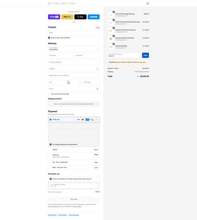 EF Collection checkout page showing EF Collection discount code box | Screenshot taken by SimplyCodes community member on Aug 27, 2025