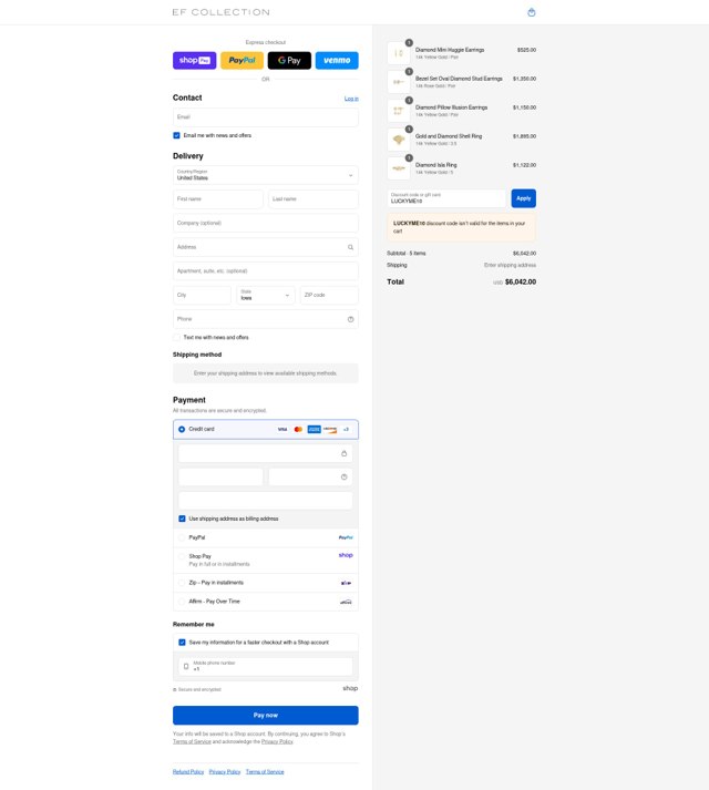EF Collection checkout page showing EF Collection discount code box | Screenshot taken by SimplyCodes community member on Aug 27, 2025