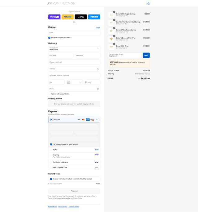 EF Collection checkout page showing EF Collection discount code box | Screenshot taken by SimplyCodes community member on Aug 27, 2025
