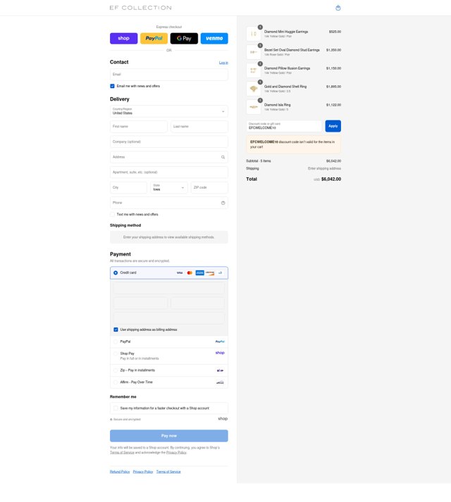 EF Collection checkout page showing EF Collection discount code box | Screenshot taken by SimplyCodes community member on Sep 4, 2025