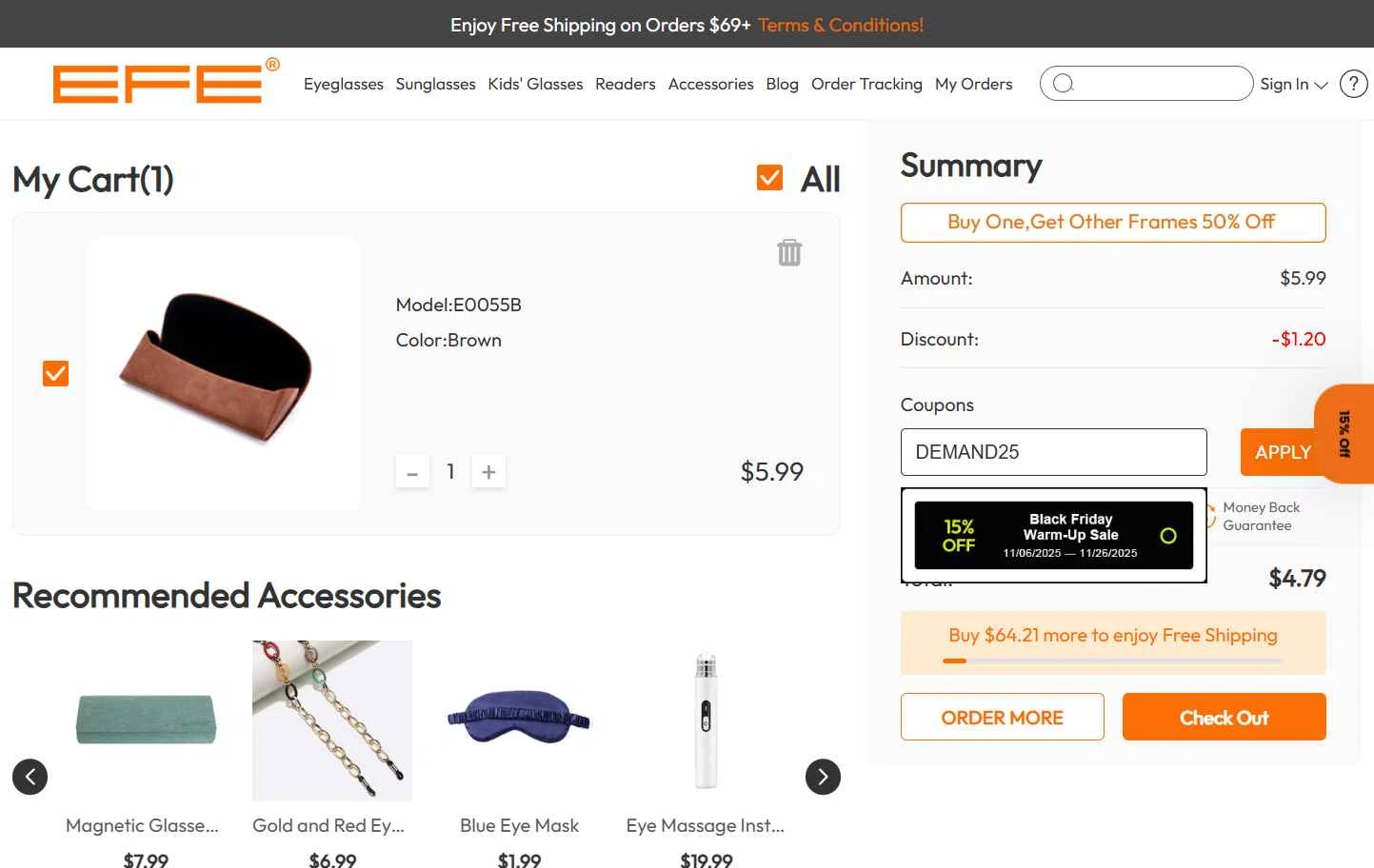 EFE Glasses checkout page showing EFE Glasses coupon code box | Screenshot taken by SimplyCodes community member on Nov 10, 2025
