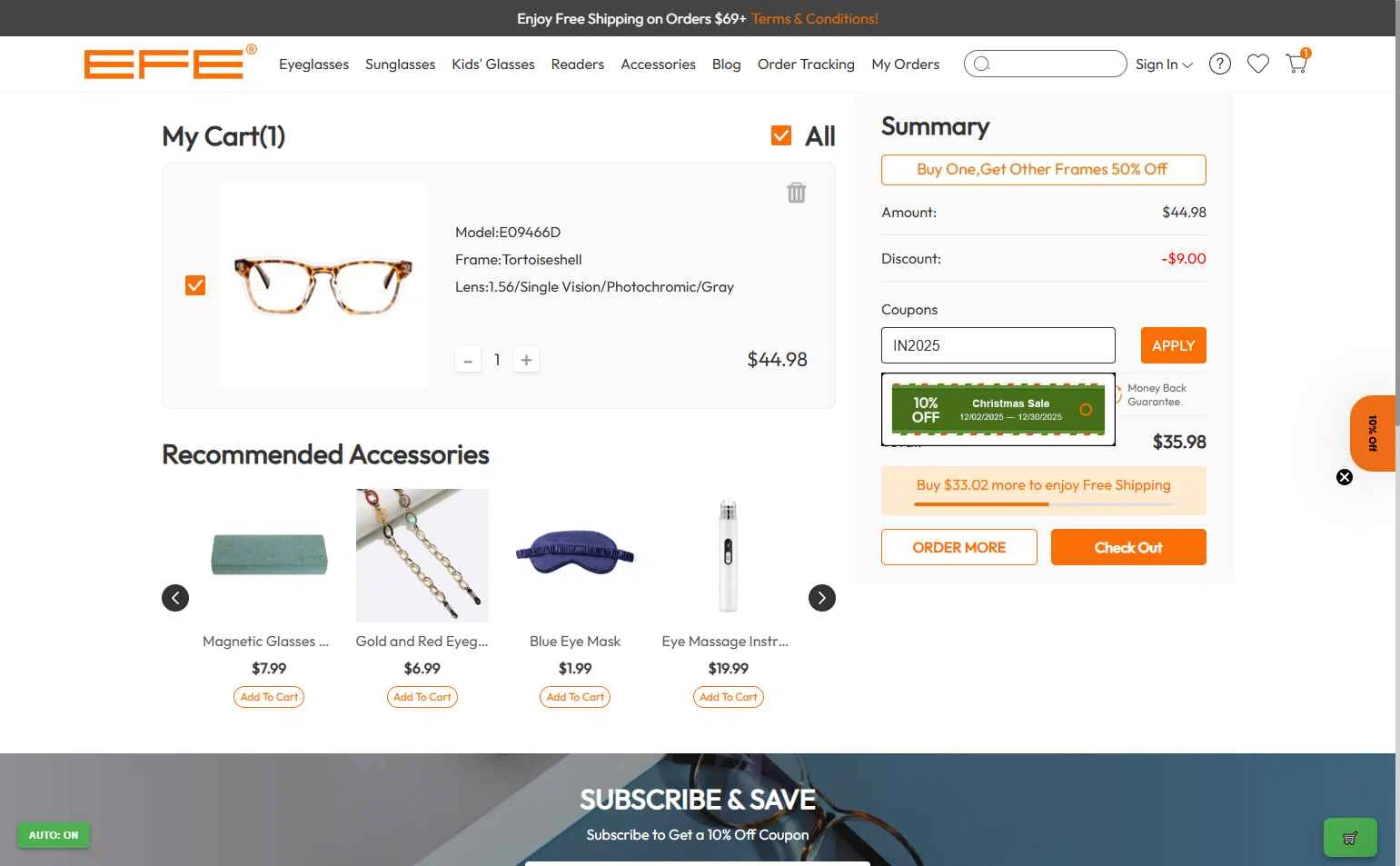 EFE Glasses checkout page showing EFE Glasses coupon code box | Screenshot taken by SimplyCodes community member on Dec 29, 2025