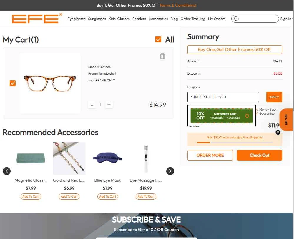 EFE Glasses checkout page showing EFE Glasses coupon code box | Screenshot taken by SimplyCodes community member on Dec 4, 2025