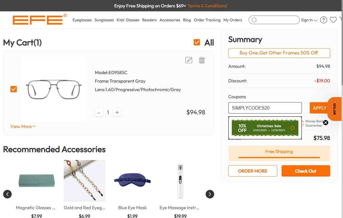 EFE Glasses checkout page showing EFE Glasses coupon code box | Screenshot taken by SimplyCodes community member on Jan 2, 2026