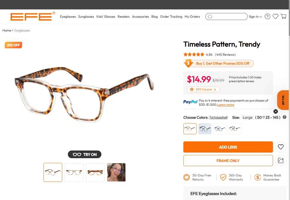 EFE Glasses checkout page showing EFE Glasses coupon code box | Screenshot taken by SimplyCodes community member on Jan 2, 2026
