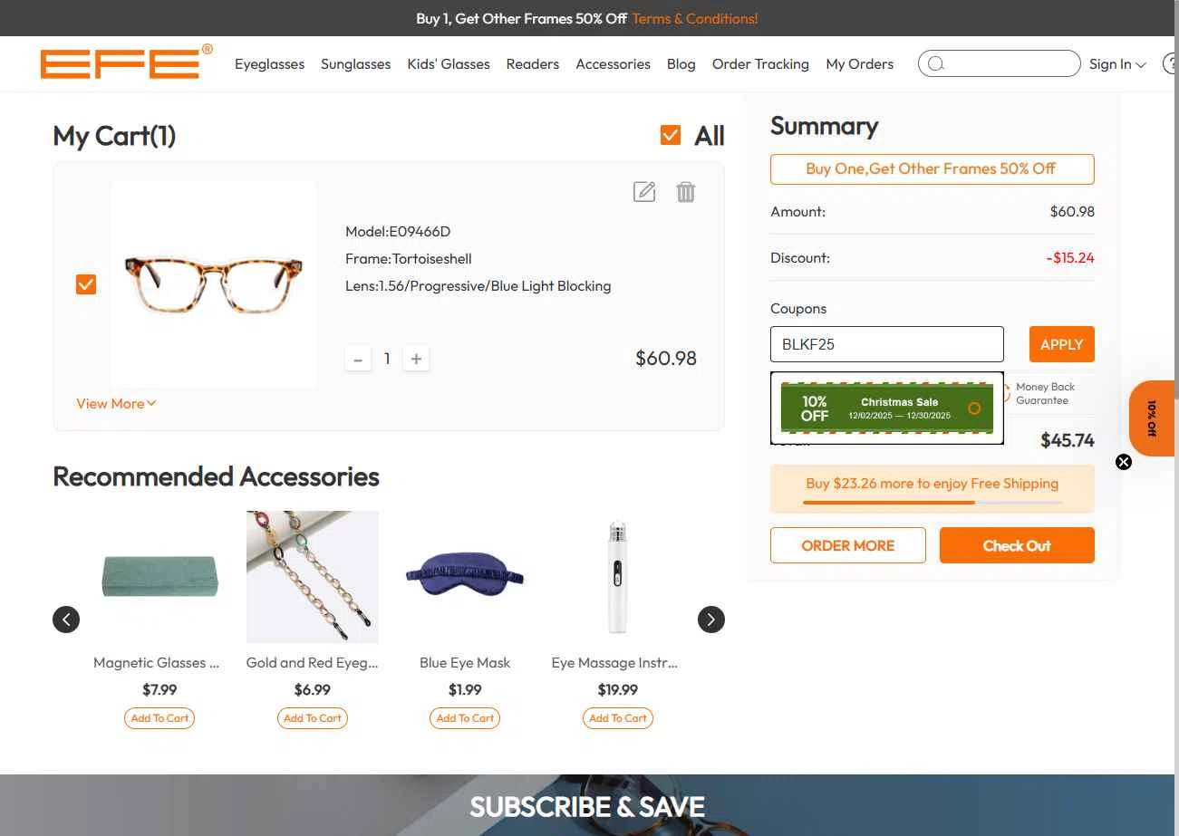 EFE Glasses checkout page showing EFE Glasses coupon code box | Screenshot taken by SimplyCodes community member on Dec 4, 2025