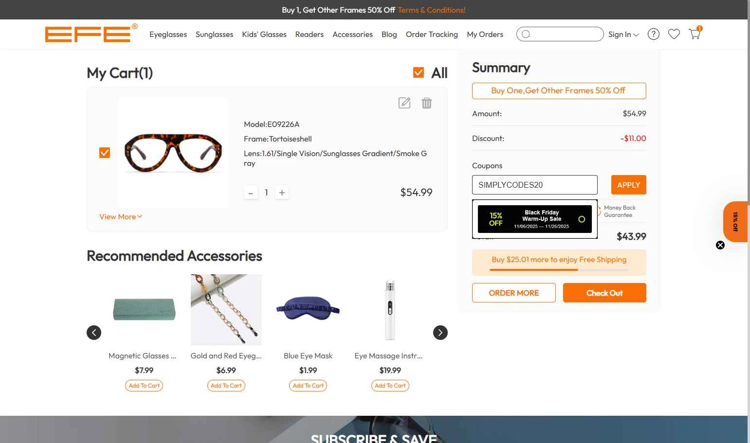 EFE Glasses checkout page showing EFE Glasses coupon code box | Screenshot taken by SimplyCodes community member on Nov 20, 2025