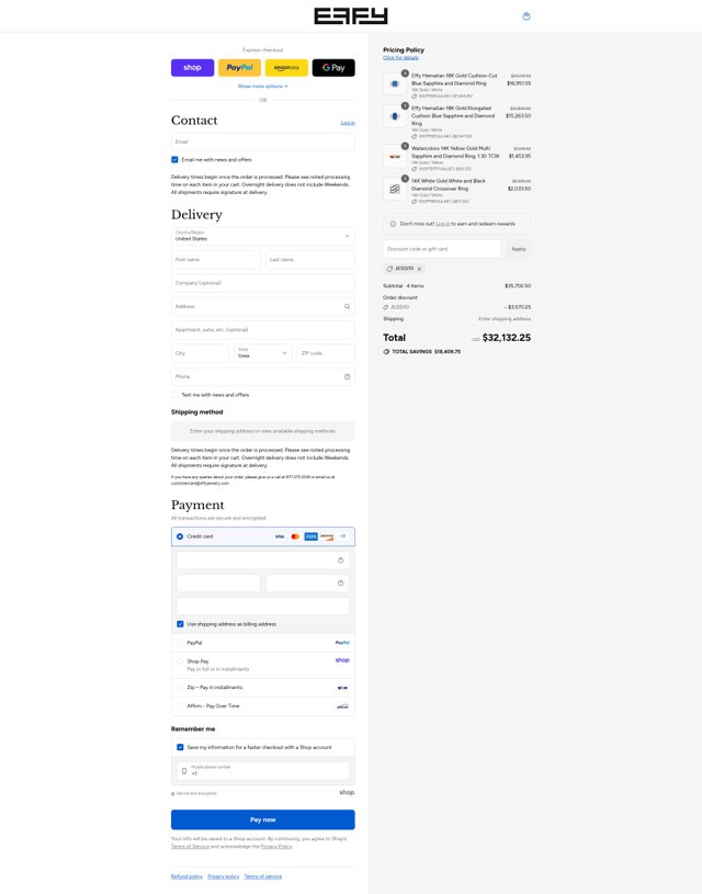 Effy Jewelry checkout page showing Effy Jewelry promo code box | Screenshot taken by SimplyCodes community member on Aug 31, 2025