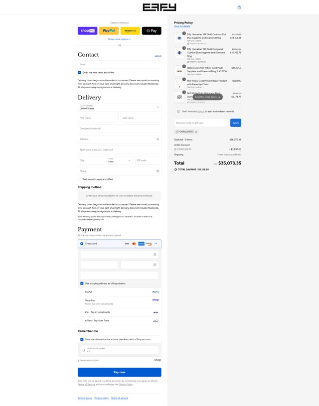 Effy Jewelry checkout page showing Effy Jewelry promo code box | Screenshot taken by SimplyCodes community member on Aug 23, 2025