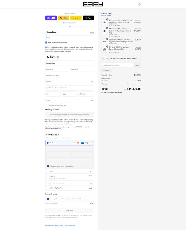 Effy Jewelry checkout page showing Effy Jewelry promo code box | Screenshot taken by SimplyCodes community member on Aug 27, 2025