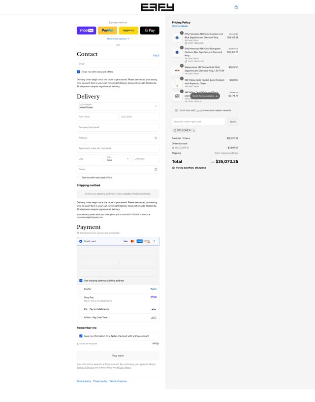 Effy Jewelry checkout page showing Effy Jewelry promo code box | Screenshot taken by SimplyCodes community member on Aug 23, 2025