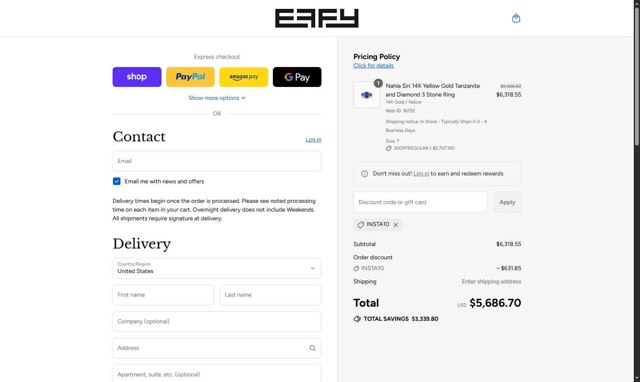 Effy Jewelry checkout page showing Effy Jewelry promo code box | Screenshot taken by SimplyCodes community member on Sep 2, 2025