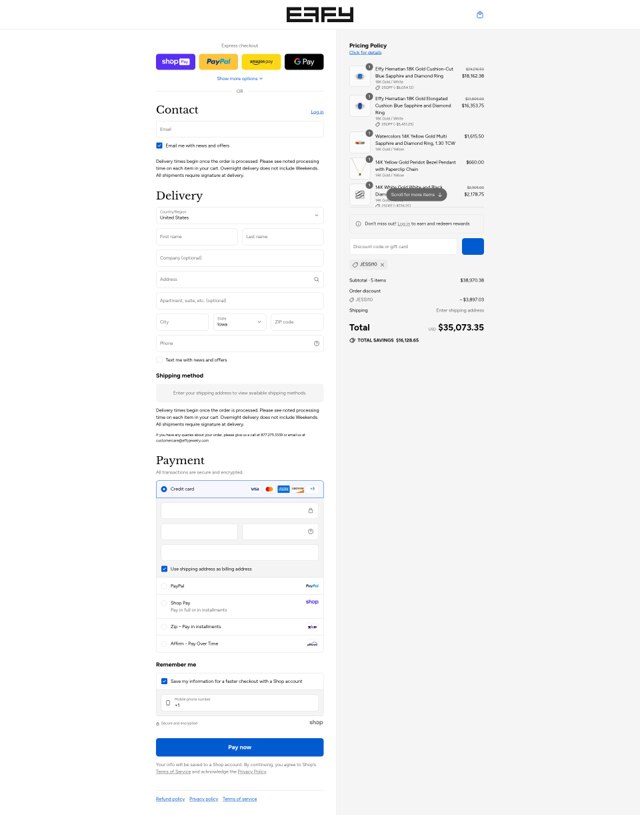 Effy Jewelry checkout page showing Effy Jewelry promo code box | Screenshot taken by SimplyCodes community member on Aug 23, 2025