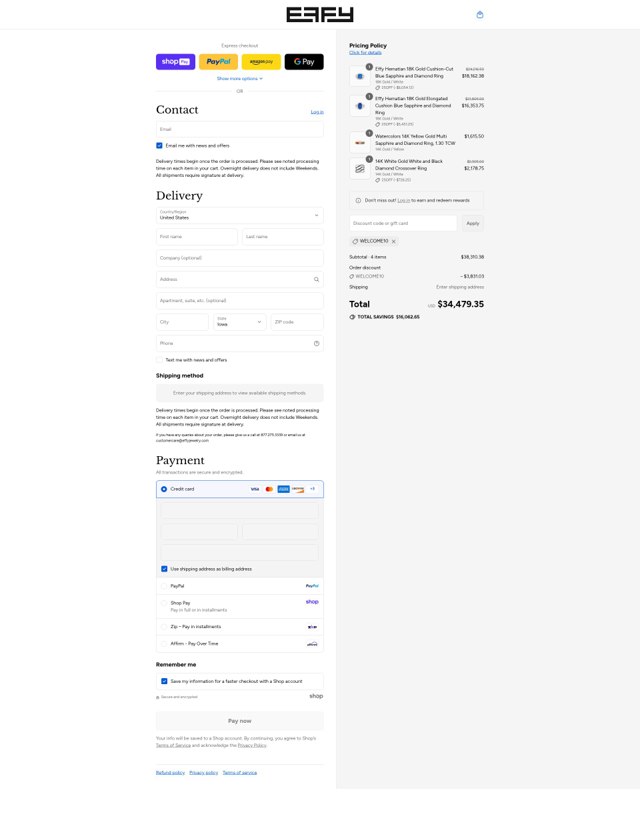 Effy Jewelry checkout page showing Effy Jewelry promo code box | Screenshot taken by SimplyCodes community member on Aug 27, 2025