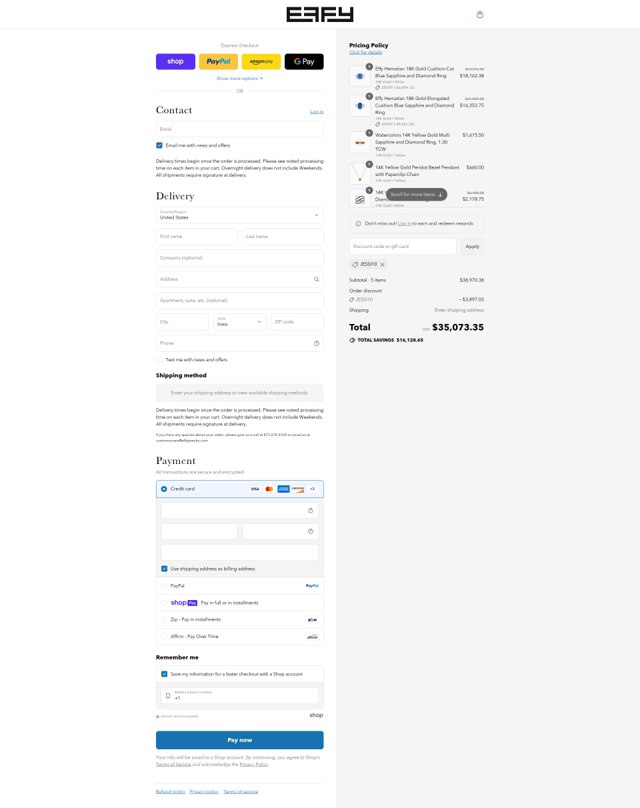 Effy Jewelry checkout page showing Effy Jewelry promo code box | Screenshot taken by SimplyCodes community member on Aug 13, 2025