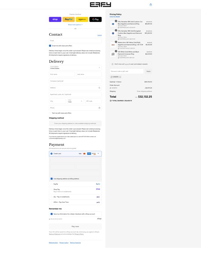 Effy Jewelry checkout page showing Effy Jewelry promo code box | Screenshot taken by SimplyCodes community member on Sep 4, 2025