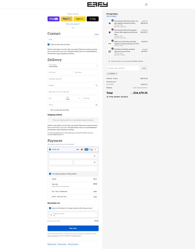 Effy Jewelry checkout page showing Effy Jewelry promo code box | Screenshot taken by SimplyCodes community member on Aug 27, 2025
