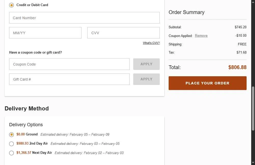 eFireplaceStore.com checkout page showing eFireplaceStore.com coupon code box | Screenshot taken by SimplyCodes community member on Feb 1, 2026