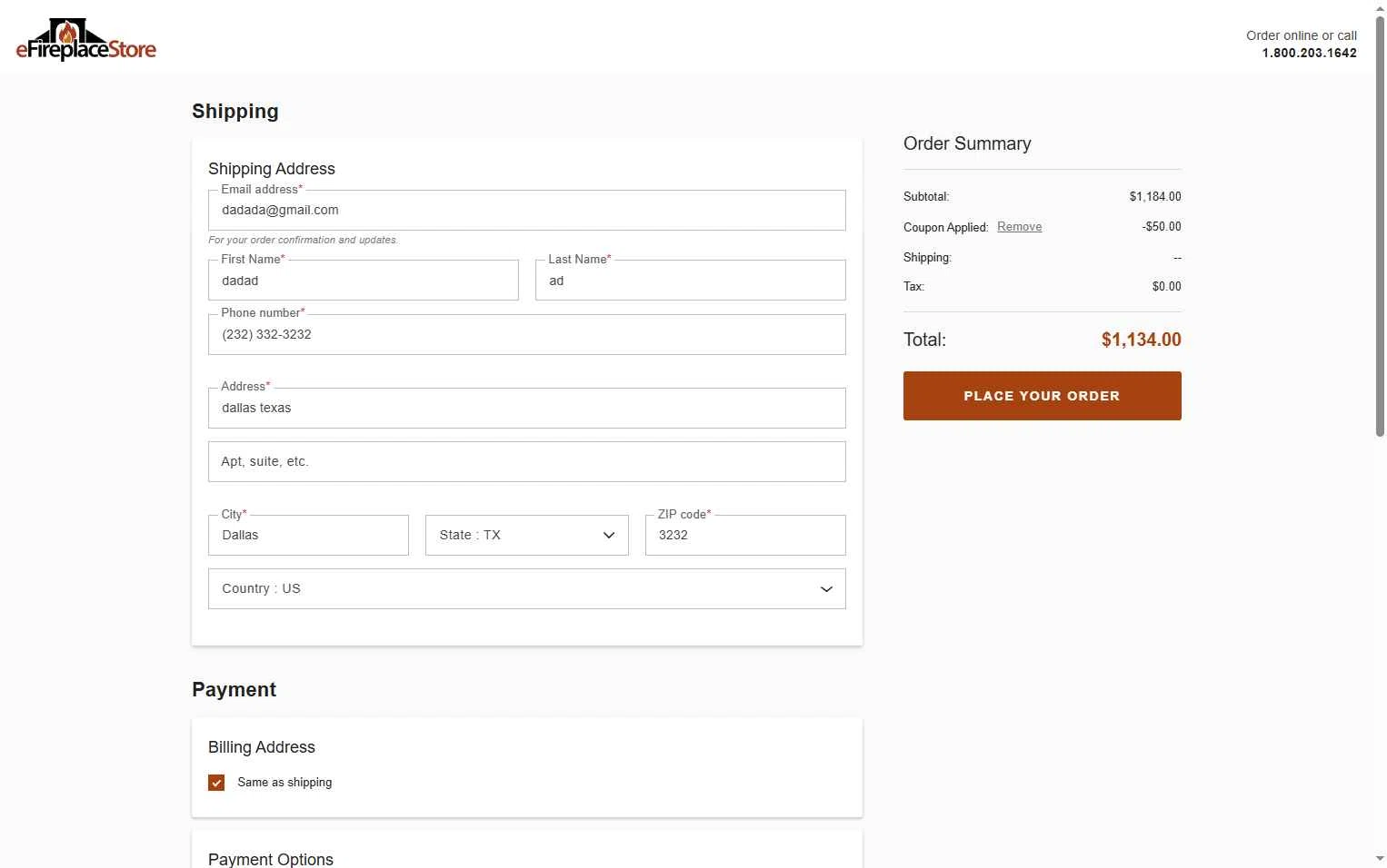 eFireplaceStore.com checkout page showing eFireplaceStore.com coupon code box | Screenshot taken by SimplyCodes community member on Jan 31, 2026