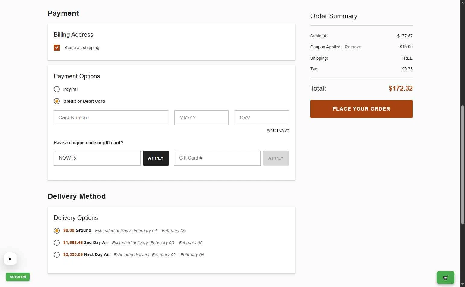 eFireplaceStore.com checkout page showing eFireplaceStore.com coupon code box | Screenshot taken by SimplyCodes community member on Feb 1, 2026