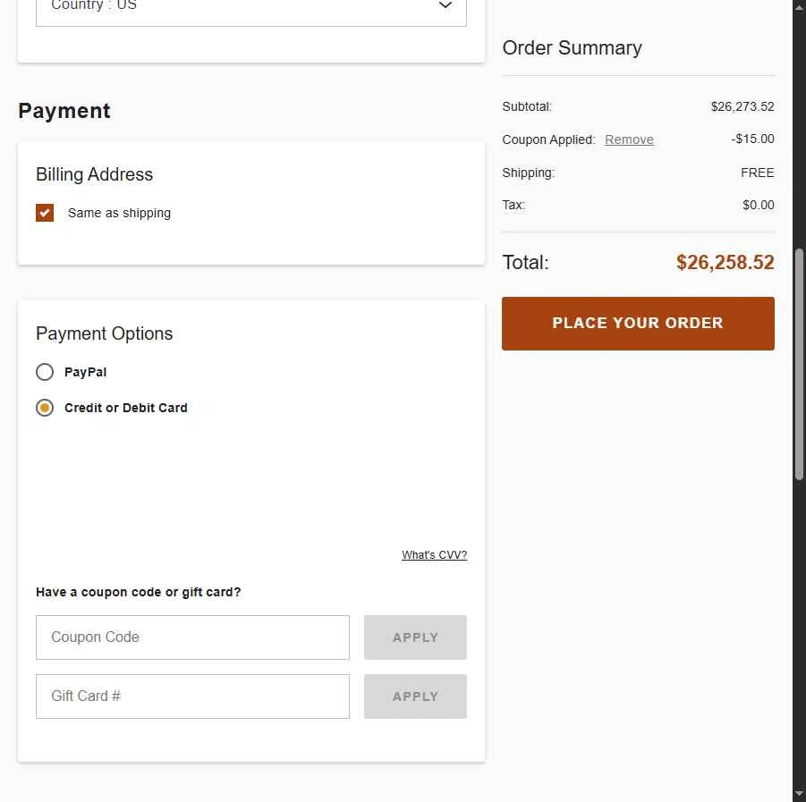 eFireplaceStore.com checkout page showing eFireplaceStore.com coupon code box | Screenshot taken by SimplyCodes community member on Jan 30, 2026