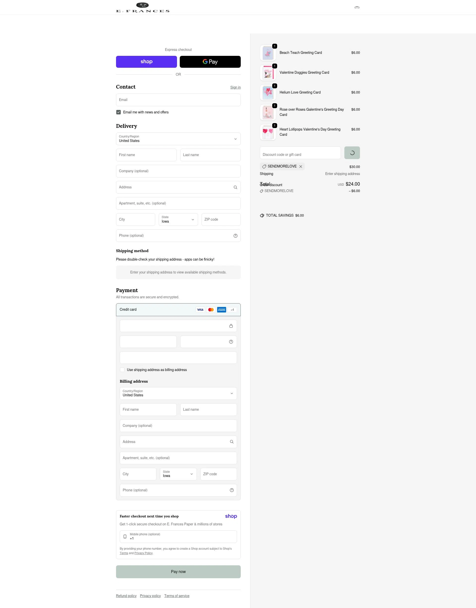 E. Frances Paper checkout page showing E. Frances Paper discount code box | Screenshot taken by SimplyCodes community member on Jan 12, 2026