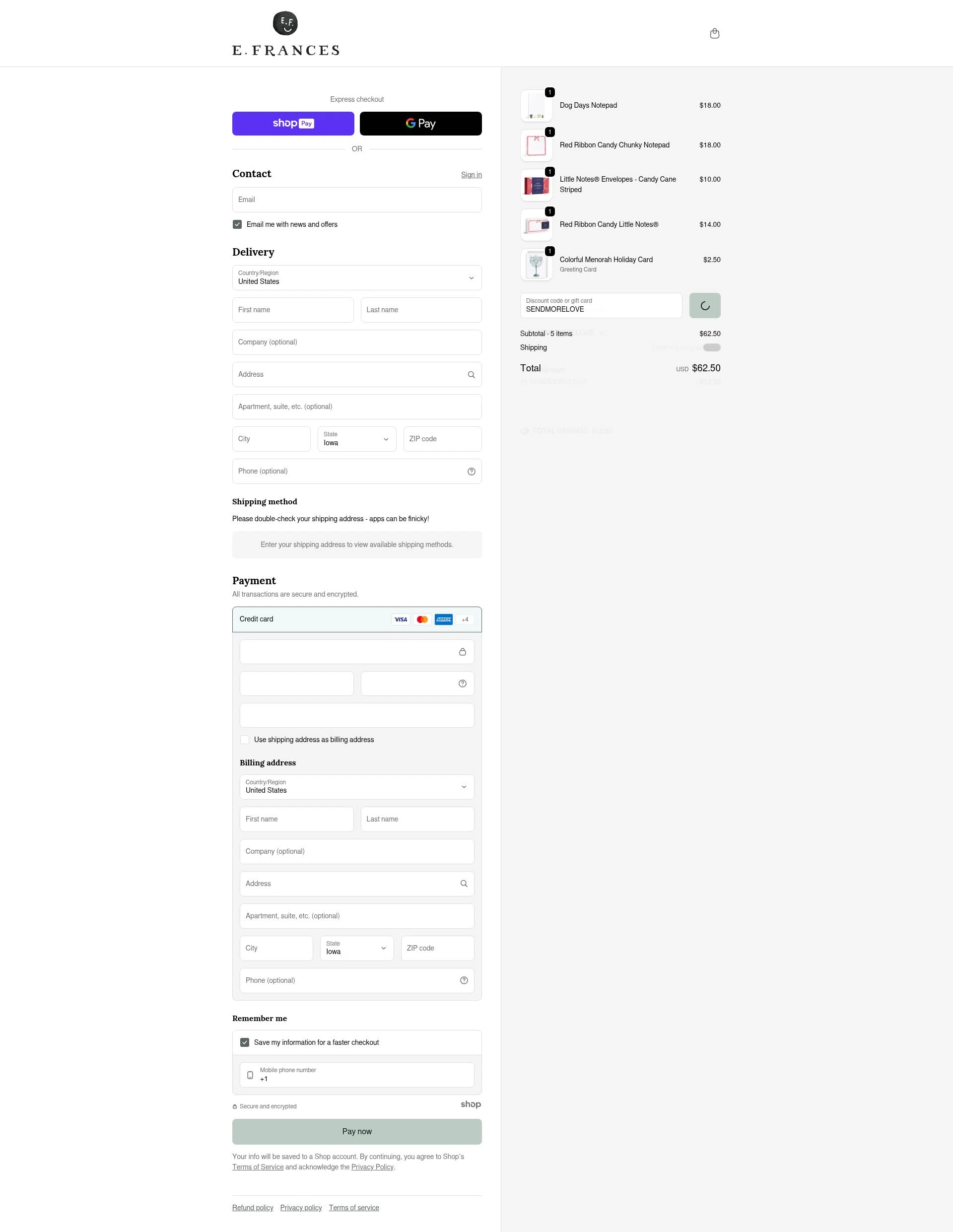 E. Frances Paper checkout page showing E. Frances Paper discount code box | Screenshot taken by SimplyCodes community member on Jan 7, 2026
