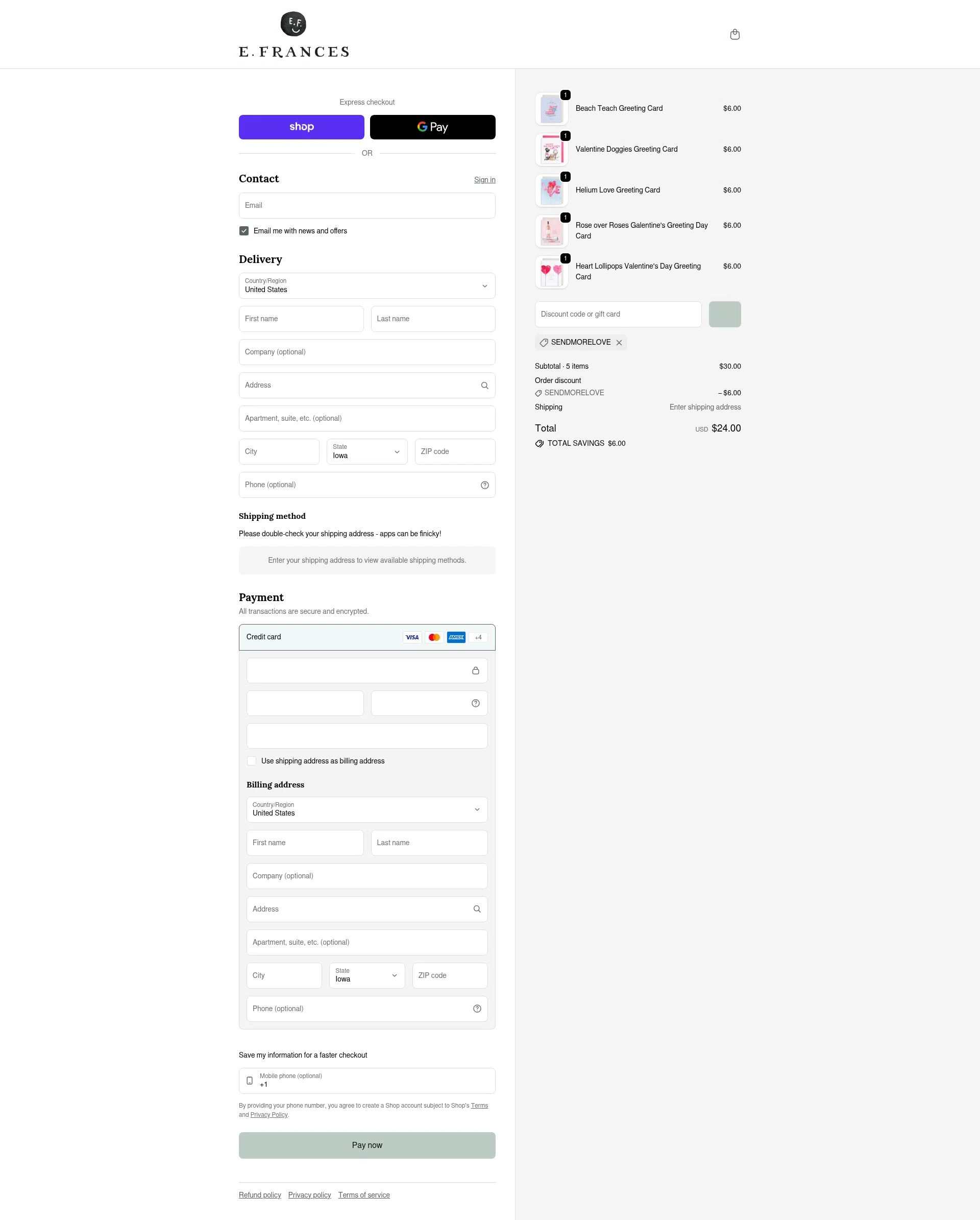 E. Frances Paper checkout page showing E. Frances Paper discount code box | Screenshot taken by SimplyCodes community member on Jan 17, 2026