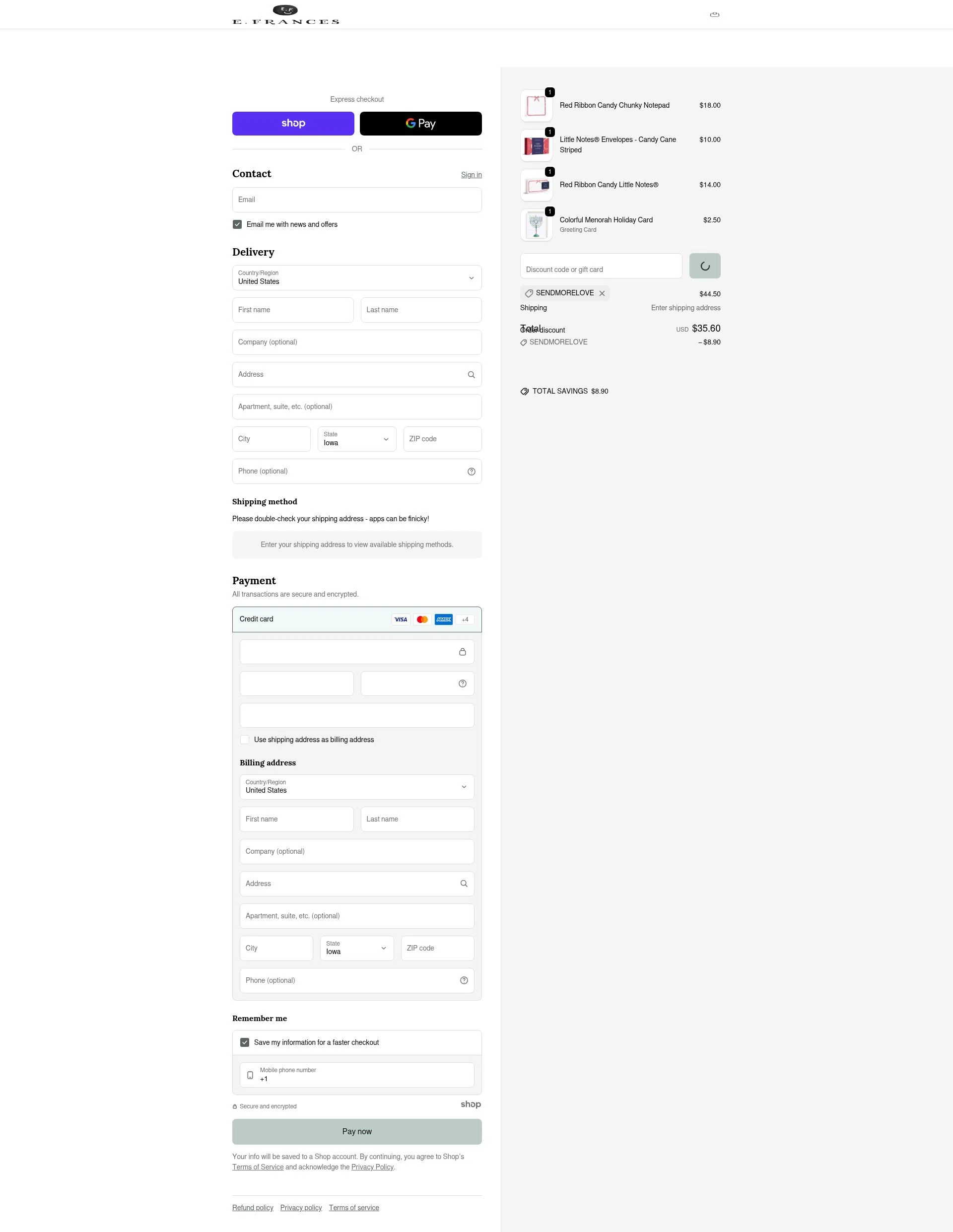 E. Frances Paper checkout page showing E. Frances Paper discount code box | Screenshot taken by SimplyCodes community member on Dec 28, 2025