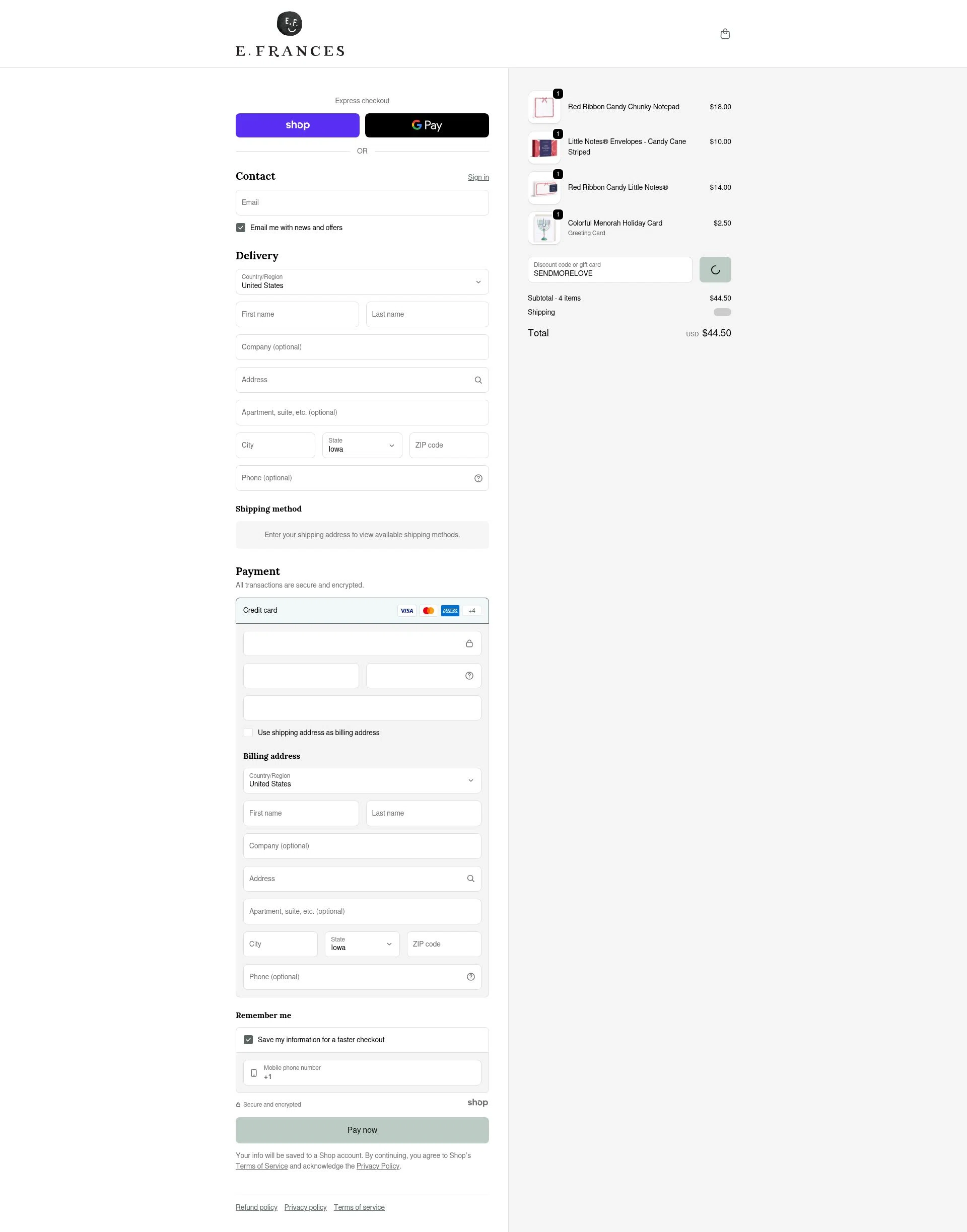 E. Frances Paper checkout page showing E. Frances Paper discount code box | Screenshot taken by SimplyCodes community member on Dec 23, 2025
