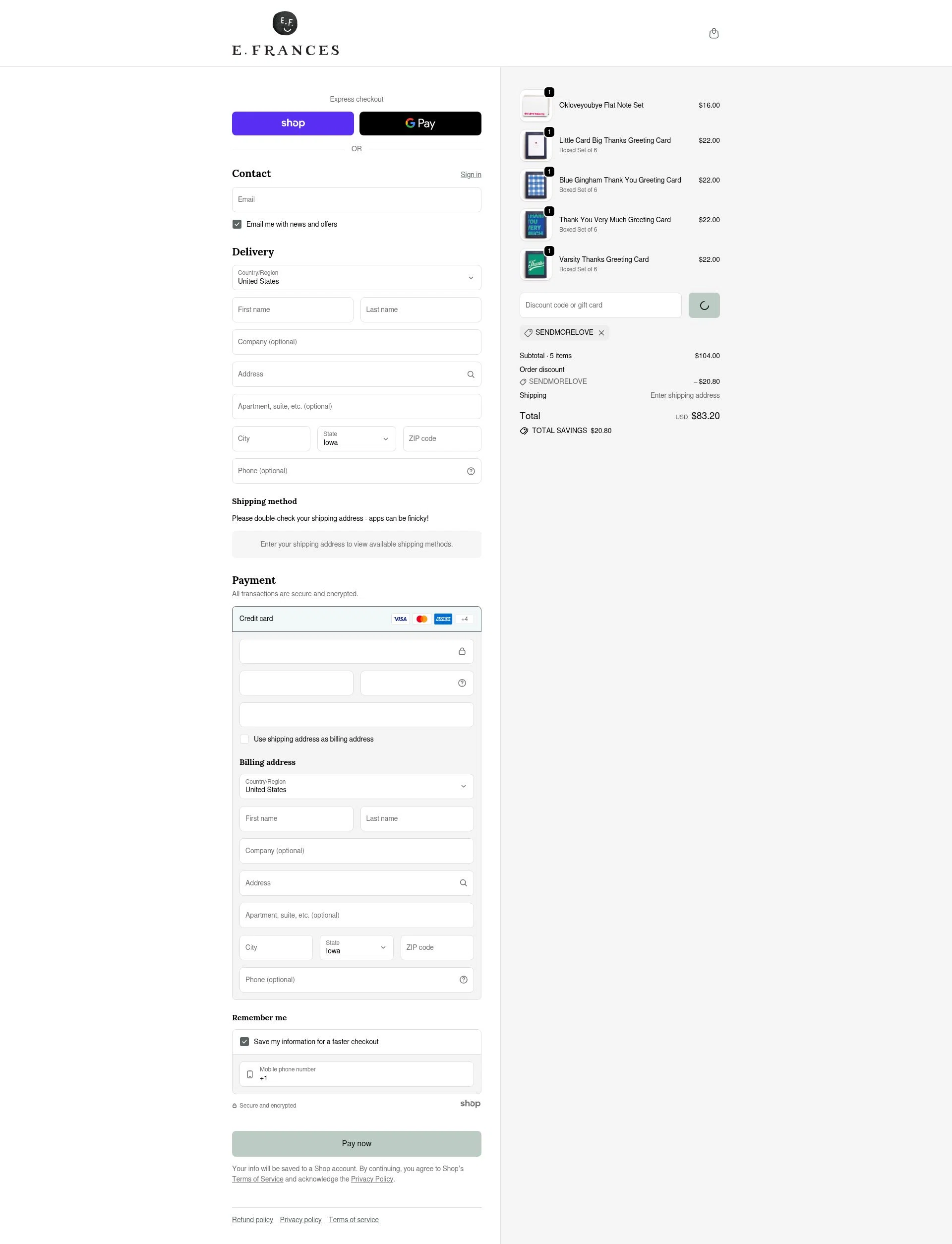 E. Frances Paper checkout page showing E. Frances Paper discount code box | Screenshot taken by SimplyCodes community member on Jan 27, 2026