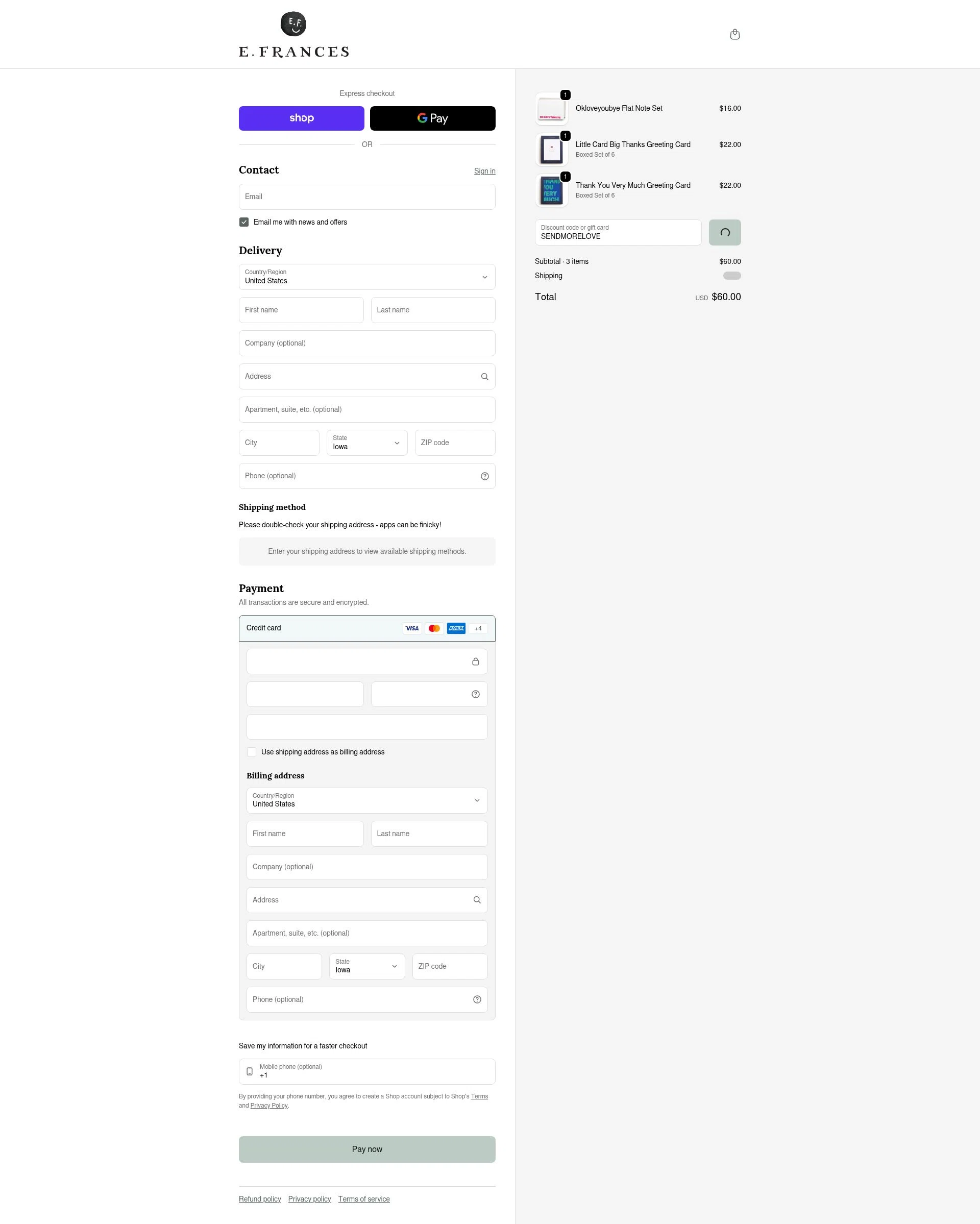 E. Frances Paper checkout page showing E. Frances Paper discount code box | Screenshot taken by SimplyCodes community member on Jan 31, 2026