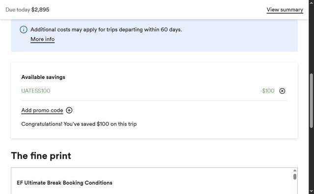 EF Ultimate Break checkout page showing EF Ultimate Break discount code box | Screenshot taken by SimplyCodes community member on Aug 22, 2025
