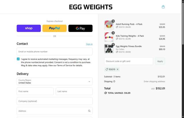 Egg Weights checkout page showing Egg Weights promo code box | Screenshot taken by SimplyCodes community member on Sep 11, 2025
