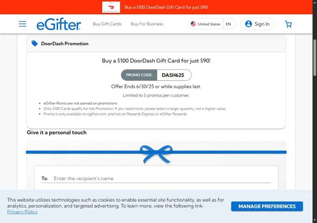 eGifter checkout page showing eGifter promo code box | Screenshot taken by SimplyCodes community member on Jun 30, 2025