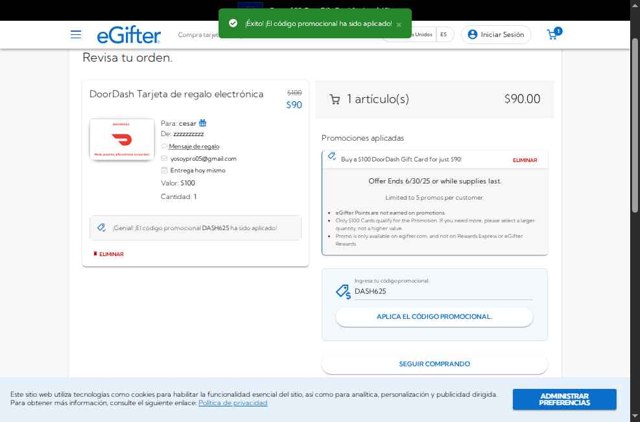 eGifter checkout page showing eGifter promo code box | Screenshot taken by SimplyCodes community member on Jun 1, 2025