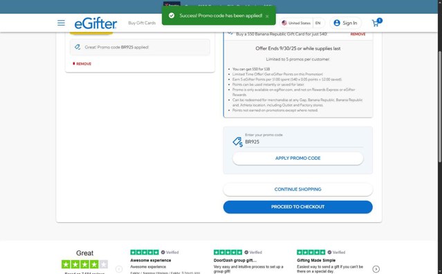 eGifter checkout page showing eGifter promo code box | Screenshot taken by SimplyCodes community member on Sep 4, 2025