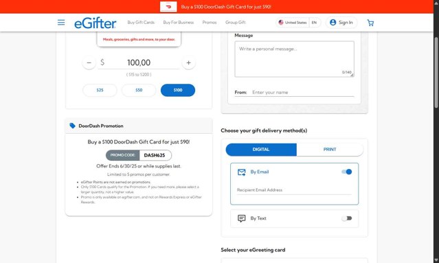 eGifter checkout page showing eGifter promo code box | Screenshot taken by SimplyCodes community member on Jun 20, 2025