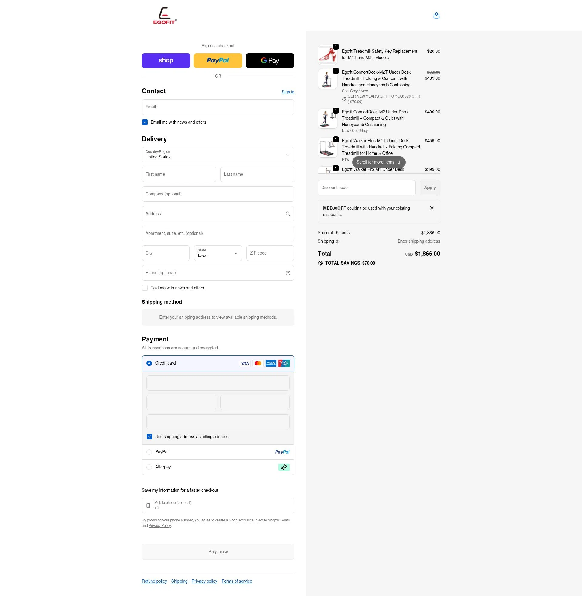 Egofit Walker checkout page showing Egofit Walker promo code box | Screenshot taken by SimplyCodes community member on Feb 11, 2026
