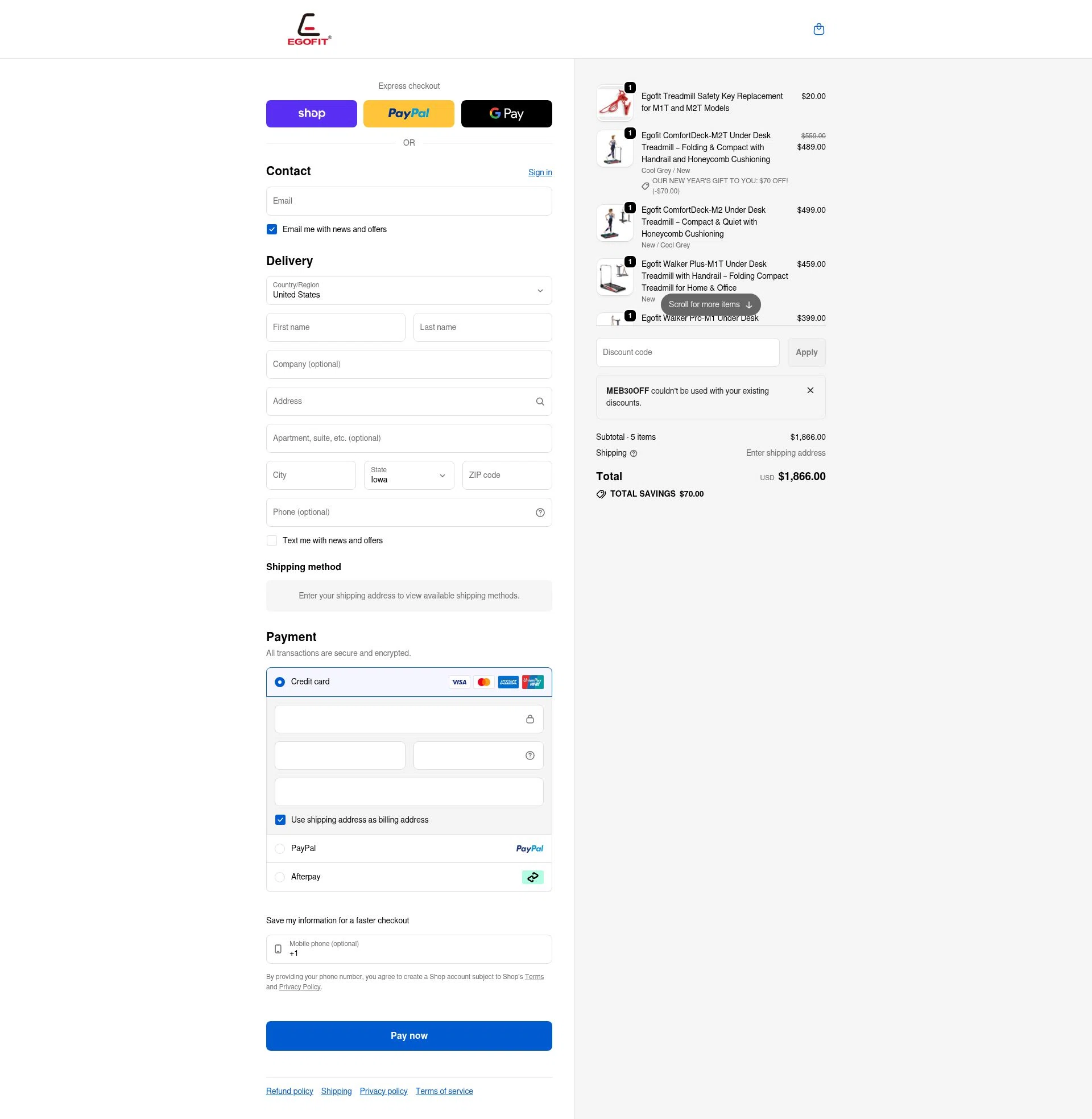 Egofit Walker checkout page showing Egofit Walker promo code box | Screenshot taken by SimplyCodes community member on Feb 6, 2026