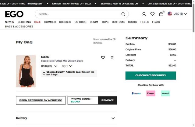 Ego Shoes checkout page showing Ego Shoes coupon code box | Screenshot taken by SimplyCodes community member on Aug 14, 2025