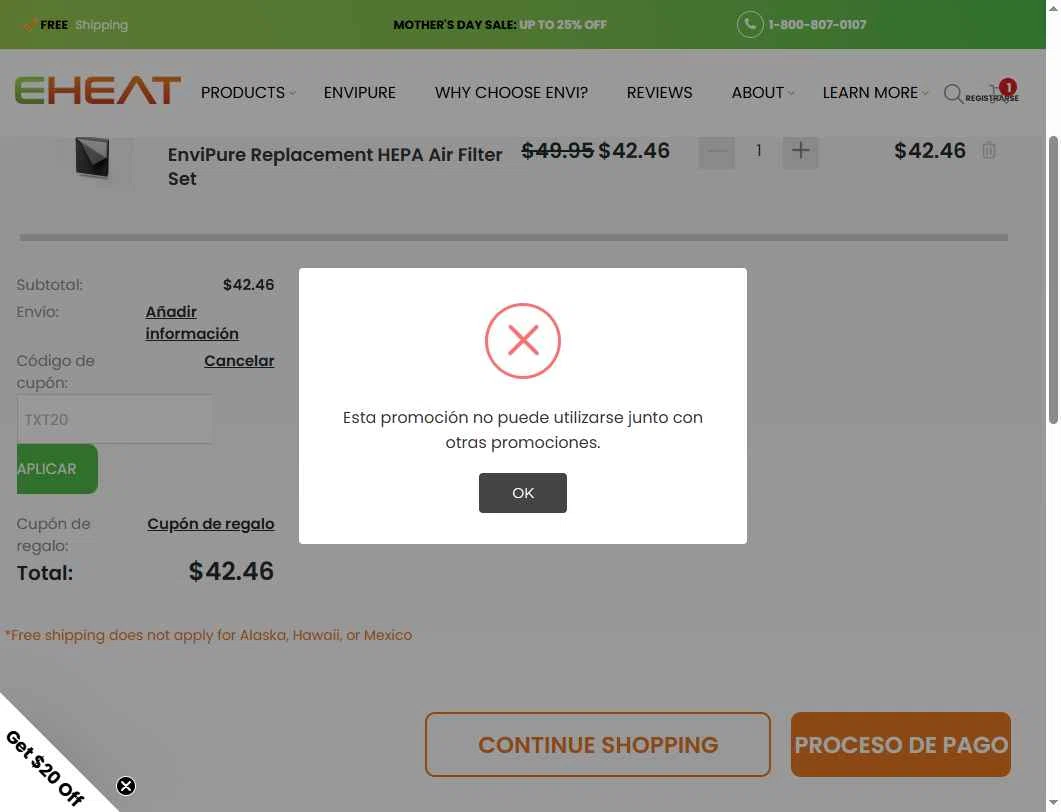 eheat checkout page showing eheat coupon code box | Screenshot taken by SimplyCodes community member on May 11, 2025