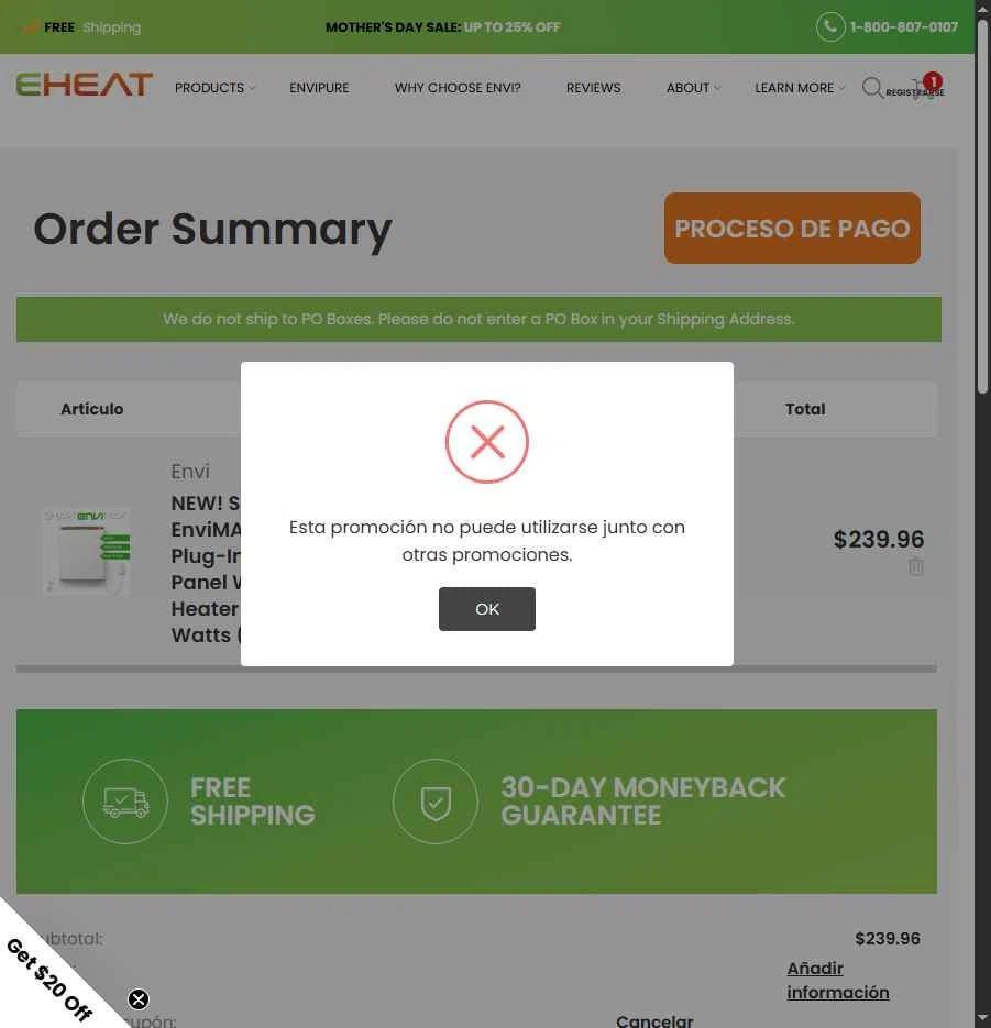 eheat checkout page showing eheat coupon code box | Screenshot taken by SimplyCodes community member on May 11, 2025