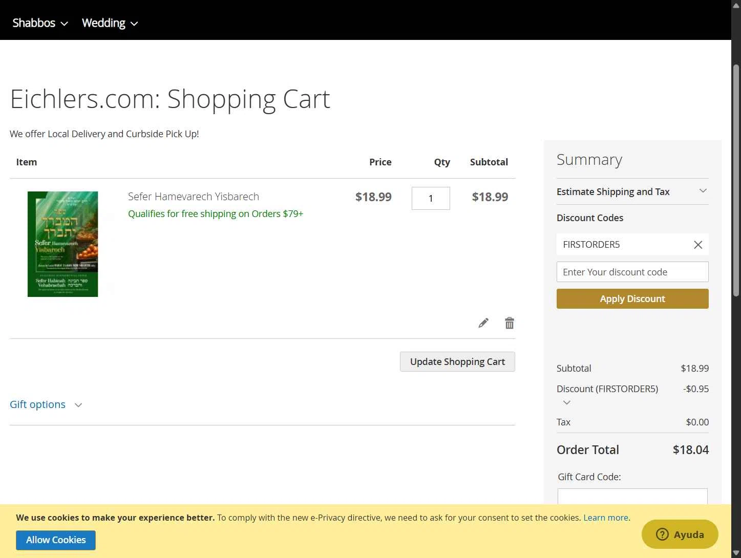 Eichler's.com checkout page showing Eichler's.com discount code box | Screenshot taken by SimplyCodes community member on Sep 7, 2025