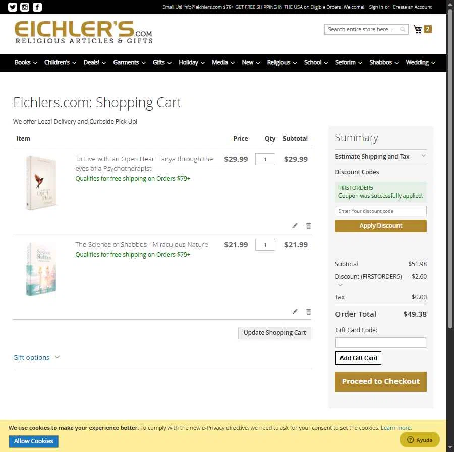 Eichler's.com checkout page showing Eichler's.com discount code box | Screenshot taken by SimplyCodes community member on Dec 31, 2025