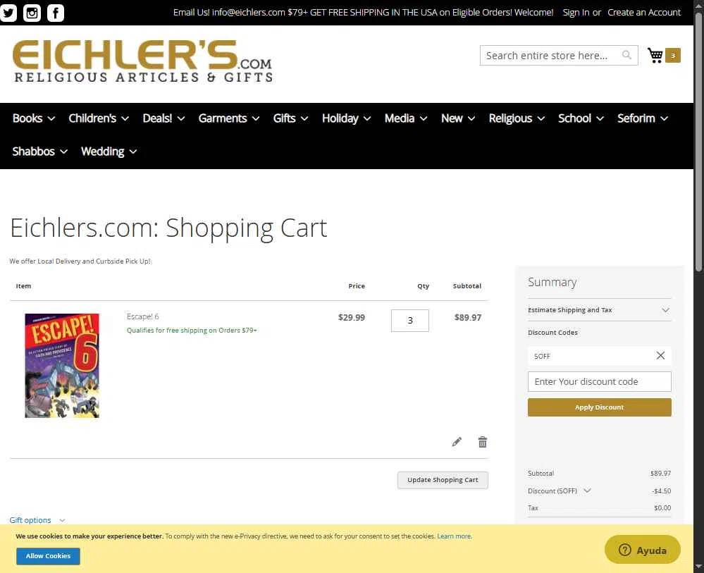 Eichler's.com checkout page showing Eichler's.com discount code box | Screenshot taken by SimplyCodes community member on Dec 24, 2025