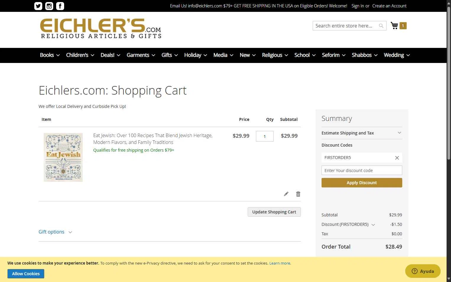 Eichler's.com checkout page showing Eichler's.com discount code box | Screenshot taken by SimplyCodes community member on Oct 6, 2025